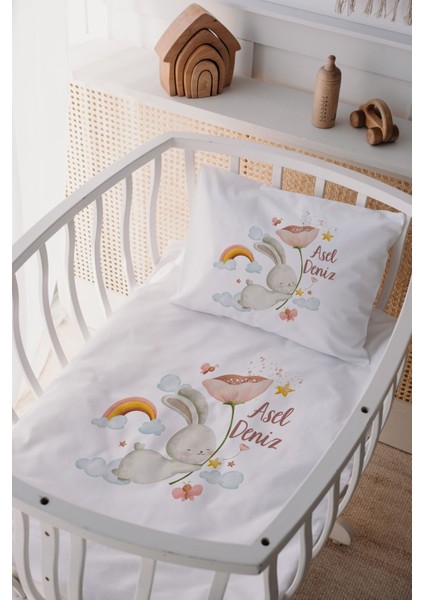 %100 Pamuk Saten Isme Özel Isimli Anne Yanı Beşik Nevresim Takımı Tavşan