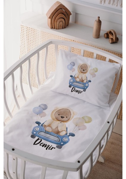 %100 Pamuk Saten Isme Özel Isimli Anne Yanı Beşik Nevresim Takımı Ayıcık & Araba