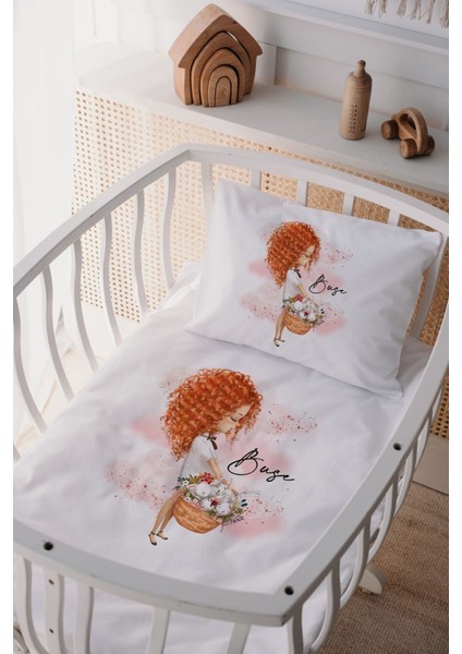 %100 Pamuk Saten Isme Özel Isimli Anne Yanı Beşik Nevresim Takımı Sepetli Kız
