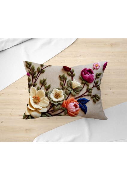 Çift Taraflı Dijital Baskı Kırlent Kılıfı Nakış Görünümlü Çiçek Desenli