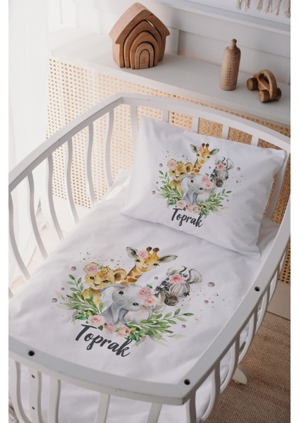 %100 Pamuk Saten Isme Özel Anne Yanı Beşik Nevresim Takımı Safari