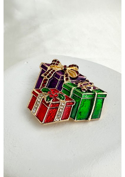 Yılbaşı Özel Taşlı Renkli Hediye Paketi Broş (5cm)