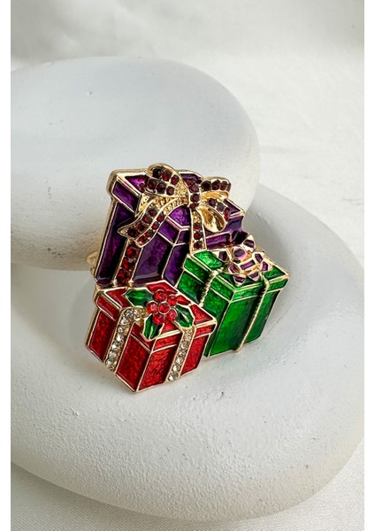 Yılbaşı Özel Taşlı Renkli Hediye Paketi Broş (5cm) modelleri