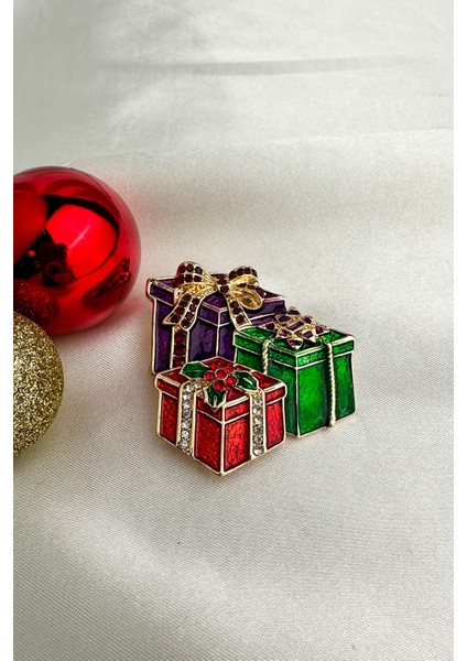 Yılbaşı Özel Taşlı Renkli Hediye Paketi Broş (5cm) indirimleri