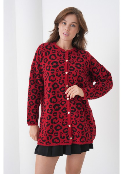 Kadın Tesettüre Uygun Midi Boy Uzun Kol Önden Düğmeli Leopar Desenli Spor Şık Triko Ceket indirimleri