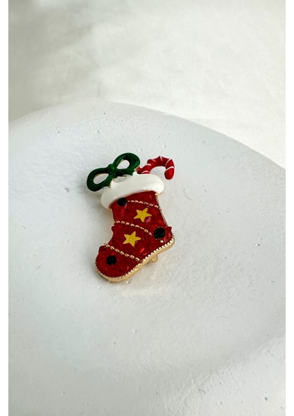Yılbaşı Özel Kırmızı Taşlı Baston Detay Çorap Broş (4cm)
