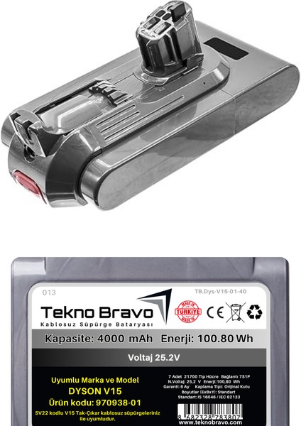 (Dyson V15 Tak-Çıkar Uyumlu Ürün Kodu: 970938-01 ) 4000MAH Kablosuz Dikey Süpürge Bataryası