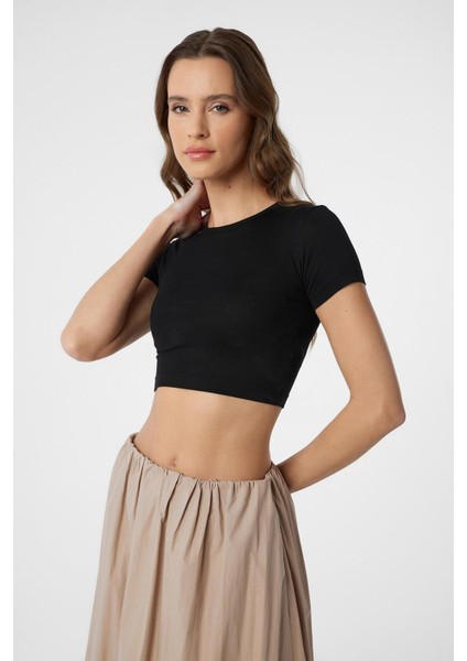 Siyah Basic Crop Kadın Top
