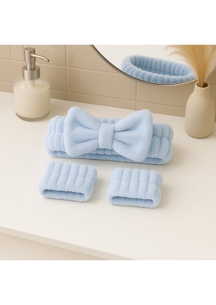 Mikrofiber Welsoft Saç Bandı ve Bileklik Seti – Makyaj & Yüz Yıkama Için