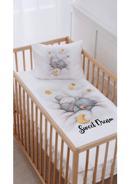 %100 Pamuk Anne Yanı Beşik Nevresim Takımı (60X100) Uykucu Yavru Ayıcık