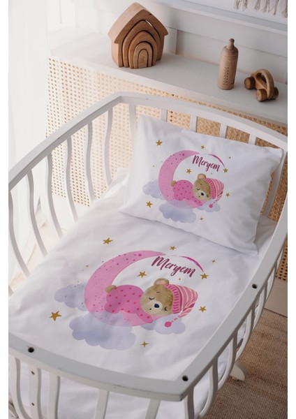 %100 Pamuk Saten Isme Özel Isimli Anne Yanı Beşik Nevresim Takımı Ayıcık