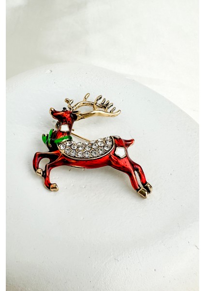 Yılbaşı Özel Taş Detay Mineli Geyik Broş (4cm)