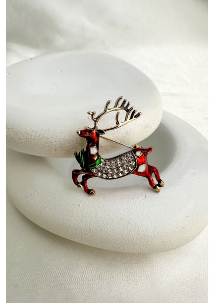 Yılbaşı Özel Taş Detay Mineli Geyik Broş (4cm) modelleri