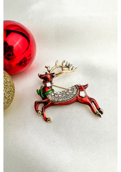 Yılbaşı Özel Taş Detay Mineli Geyik Broş (4cm) indirimleri