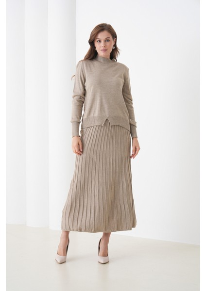 Kadın Pileli Etek Kazağı V Tasarım Tesettüre Uygun Örgü Triko Etek Kazak Takım