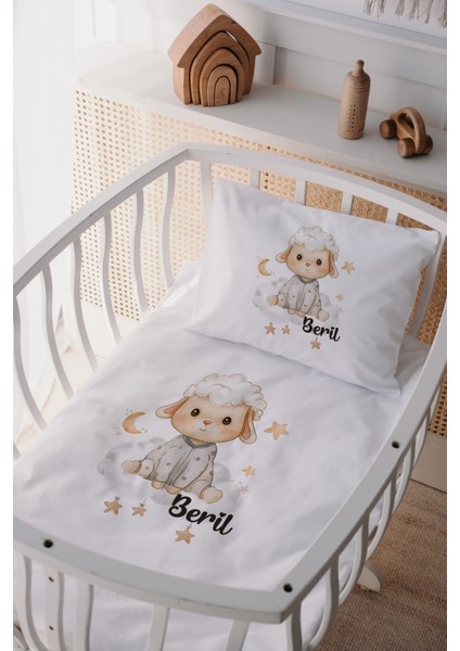 %100 Pamuk Saten Isme Özel Isimli Anne Yanı Beşik Nevresim Takımı Kuğu