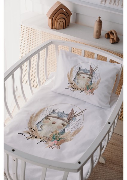 %100 Pamuk Saten Isme Özel Isimli Anne Yanı Beşik Nevresim Takımı Baykuş
