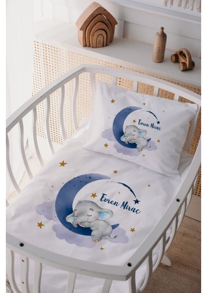 %100 Pamuk Saten Isme Özel Anne Yanı Beşik Nevresim Takımı Fil