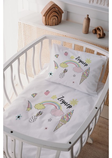 %100 Pamuk Saten Isme Özel Isimli Anne Yanı Beşik Nevresim Takımı Dondurma