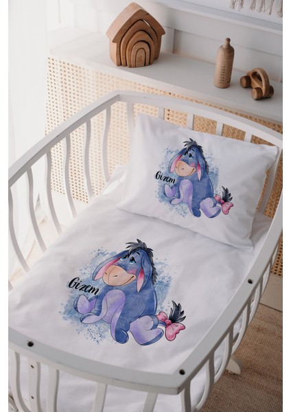 %100 Pamuk Saten Isme Özel Isimli Anne Yanı Beşik Nevresim Takımı Eeyore