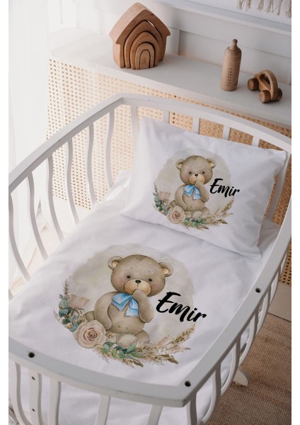 %100 Pamuk Saten Isme Özel Isimli Anne Yanı Beşik Nevresim Takımı Ayıcık