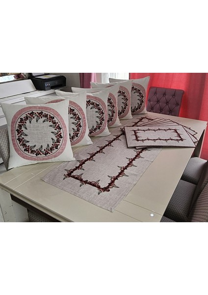 Keten Efektli Sarmaşıklar Desenli Kırlent - Amerikan Servis - Runner