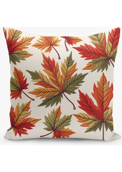 Çift Taraflı Dijital Baskı Kırlent Kılıfı Nakış Görünümlü Sonbahar Yaprak Desenli