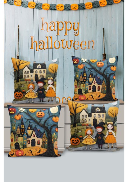 4 Lü Çift Taraflı Dijital Baskı Kırlent Kılıfı Hallowen/cadılar Bayramı Desenli Çocuk Odası