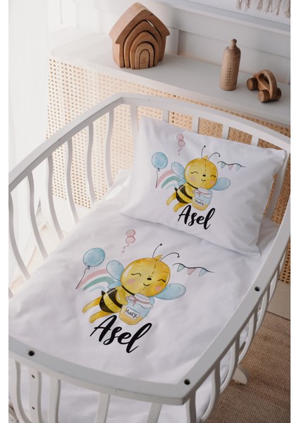 %100 Pamuk Saten Isme Özel Isimli Anne Yanı Beşik Nevresim Takımı Arı