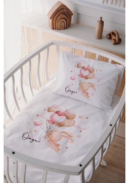 %100 Pamuk Saten Isme Özel Isimli Anne Yanı Beşik Nevresim Takımı Tavşan