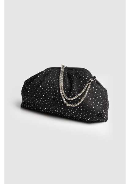 Kadın Sofya Kadife Taşlı Portföy- Askılı Çanta Taşlı Siyah Süet