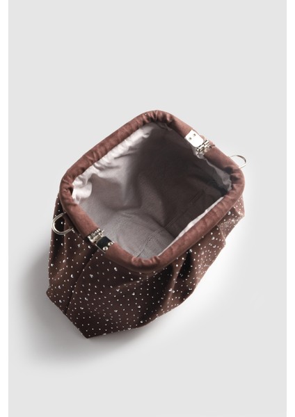 Kadın Sofya Kadife Taşlı Portföy- Askılı Çanta Taşlı Siyah Süet