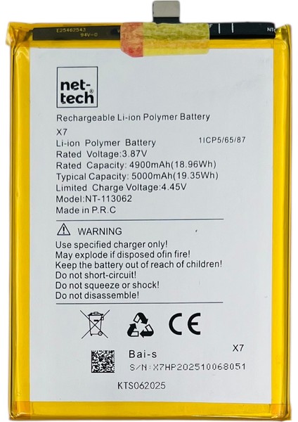 Teknonet Omix X7 Uyumlu Nettech X7/BP1903 5000 Mah Batarya