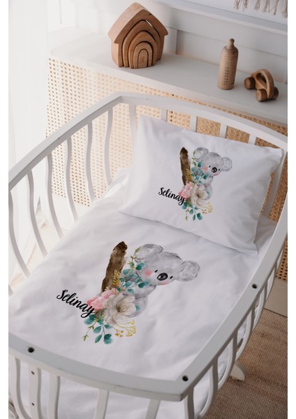 %100 Pamuk Saten Isme Özel Isimli Anne Yanı Beşik Nevresim Takımı Koala