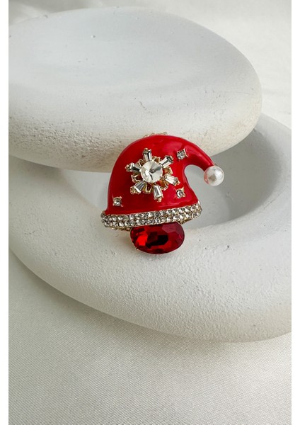 Yılbaşı Özel Taş Işlemeli Kırmızı Noel Şapka Broş(3cm) modelleri