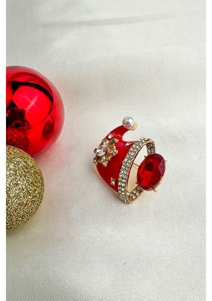 Yılbaşı Özel Taş Işlemeli Kırmızı Noel Şapka Broş(3cm) indirimleri