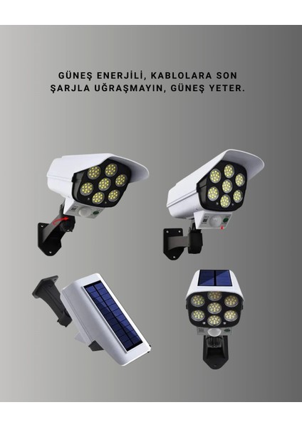 Güneş Enerjili LED Lamba + Güvenlik Kamerası Görünümlü– 5-8 M Hareket Algılamalı, Beyaz Işık modelleri