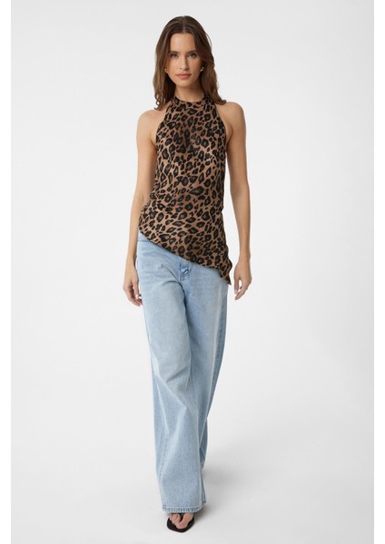Kahve Asimetrik Leopar Desenli Sırt Dekolteli Kadın Top fiyatları