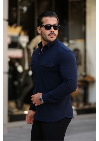 Erkek Çıtçıtlı Cepli Uzun Kollu Kışlık Lacivert Gömlek