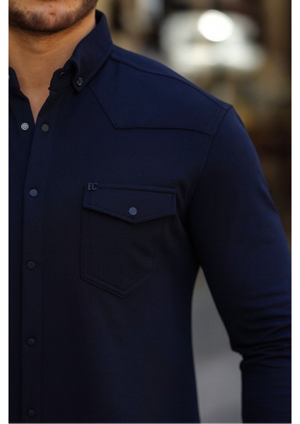 Erkek Çıtçıtlı Cepli Uzun Kollu Kışlık Lacivert Gömlek modelleri