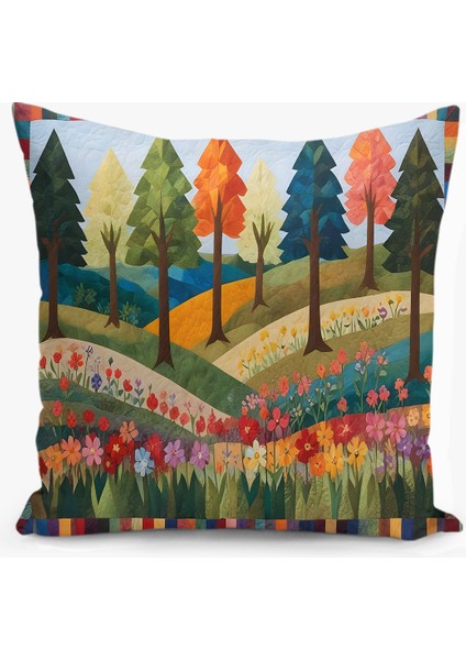 Çift Taraflı Dijital Baskı Kırlent Kılıfı Kapitone Görünümlü Ağaç-Orman Desenli