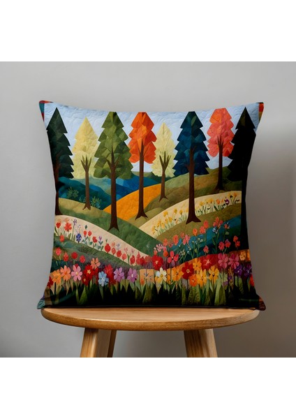 Çift Taraflı Dijital Baskı Kırlent Kılıfı Kapitone Görünümlü Ağaç-Orman Desenli fiyatları