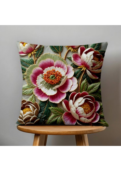 4 Lü Çift Taraflı Dijital Baskı Kırlent Kılıfı Nakış Görünümlü Çiçek Desenli modelleri