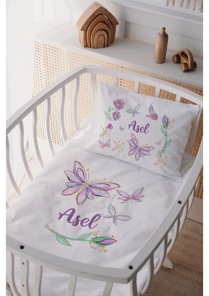 %100 Pamuk Saten Isme Özel Isimli Anne Yanı Beşik Nevresim Takımı Kelebek
