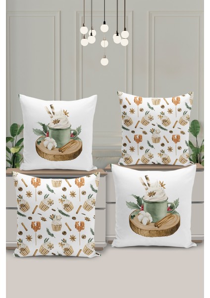 4 Lü Çift Taraflı Dijital Baskı Kırlent Kılıfı Yılbaşı Desenli