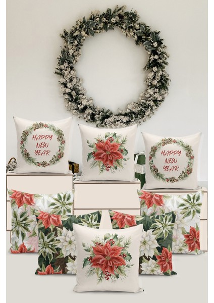 8 Li Çift Taraflı Dijital Baskı Kırlent Kılıfı Yılbaşı / Cristmas Desenli