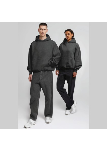 Unisex Şardonlu Kapüşonlu Kanguru Cepli Relaxed Fit Sweatshirt Füme Antrasit