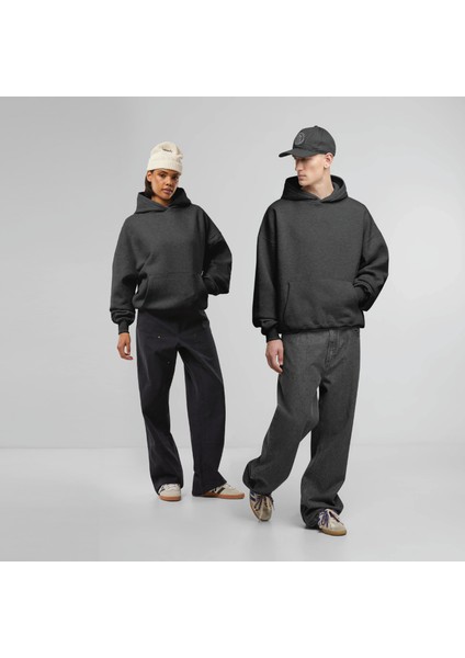 Unisex Şardonlu Kapüşonlu Kanguru Cepli Relaxed Fit Sweatshirt Füme Antrasit