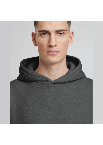 Unisex Şardonlu Kapüşonlu Kanguru Cepli Relaxed Fit Sweatshirt Füme Antrasit