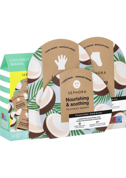Coconut Mania - Yüz ve Vücut Maskesi Seti Hindistan Cevizi (1 Adet + 2 Çift)